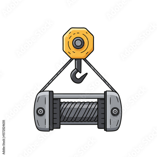 A yellow and gray hook and winch mechanism hanging