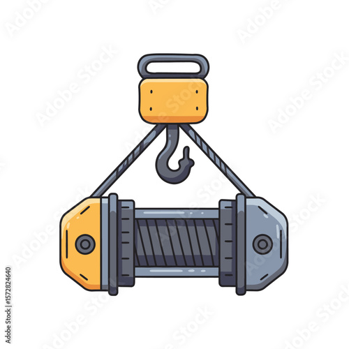 A winch illustration featuring a yellow and gray winch suspended by gray cables and a yellow hook