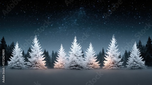 Snow-covered trees lined up under a dark night sky filled with bright stars.