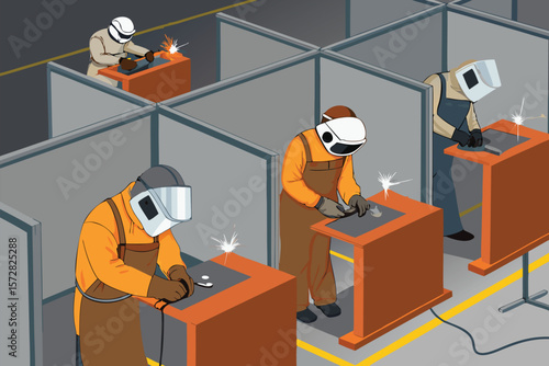Vector graphic of a welding class, indicating industrial education.