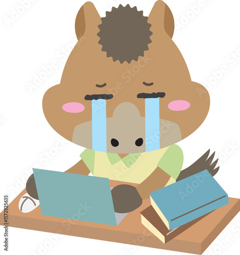 涙を流しながら勉強・仕事を頑張る馬のキャラクターイラスト
