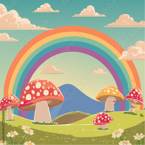 Colorful groovy rainbow and mushrooms illustration in 70s and 60s style. Vintage hippie landscape. Psychedelic seventies nature background. Vector graphic design.