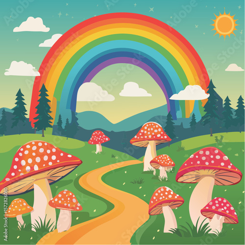Colorful groovy rainbow and mushrooms illustration in 70s and 60s style. Vintage hippie landscape. Psychedelic seventies nature background. Vector graphic design.