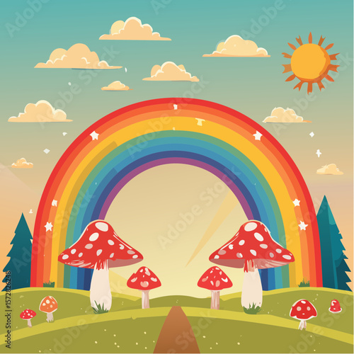Colorful groovy rainbow and mushrooms illustration in 70s and 60s style. Vintage hippie landscape. Psychedelic seventies nature background. Vector graphic design.