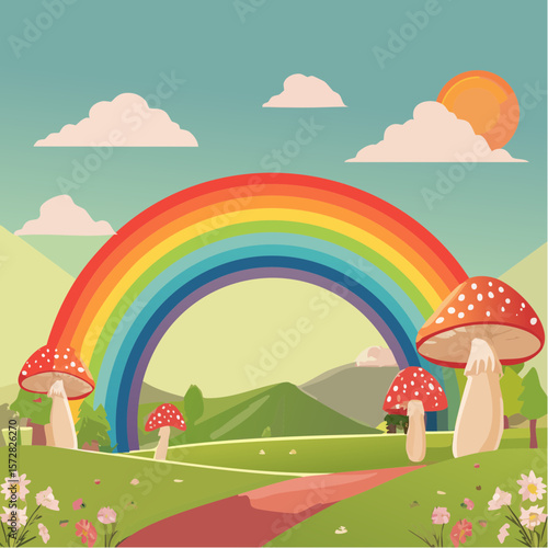 Colorful groovy rainbow and mushrooms illustration in 70s and 60s style. Vintage hippie landscape. Psychedelic seventies nature background. Vector graphic design.