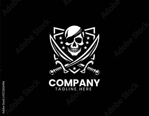 Intimidating Pirate Skull Emblem Crossed Swords Maritime Adventure Vector Logo Design