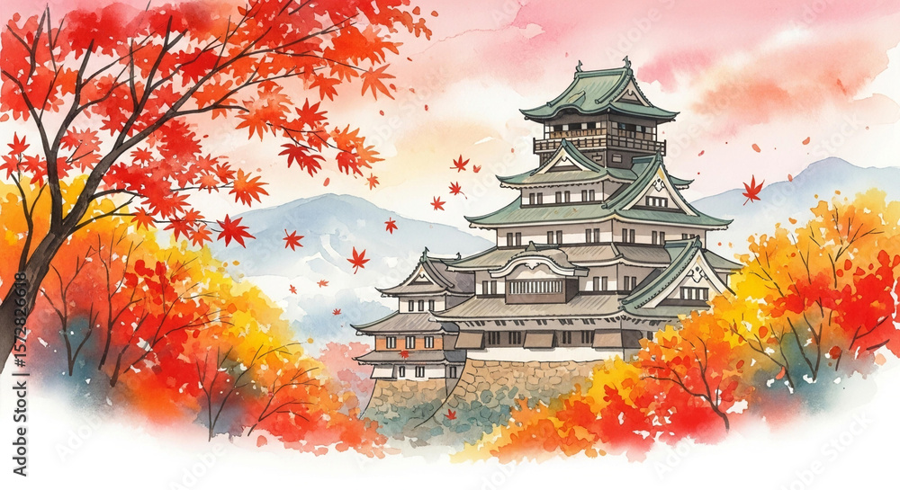 Obraz premium Autumnal Japanese castle scene with vibrant fall foliage and mountains.