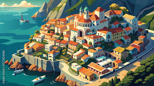 Very beautiful View from above, stunning aerial view of the village of Atrani. Atrani is a city and comune on the Amalfi Coast in the province of Salerno in the Campania region of south-western 