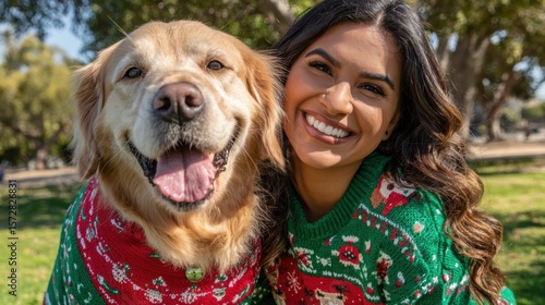 Smiling woman in green sweater holding her dog in a leafy park during daytime.