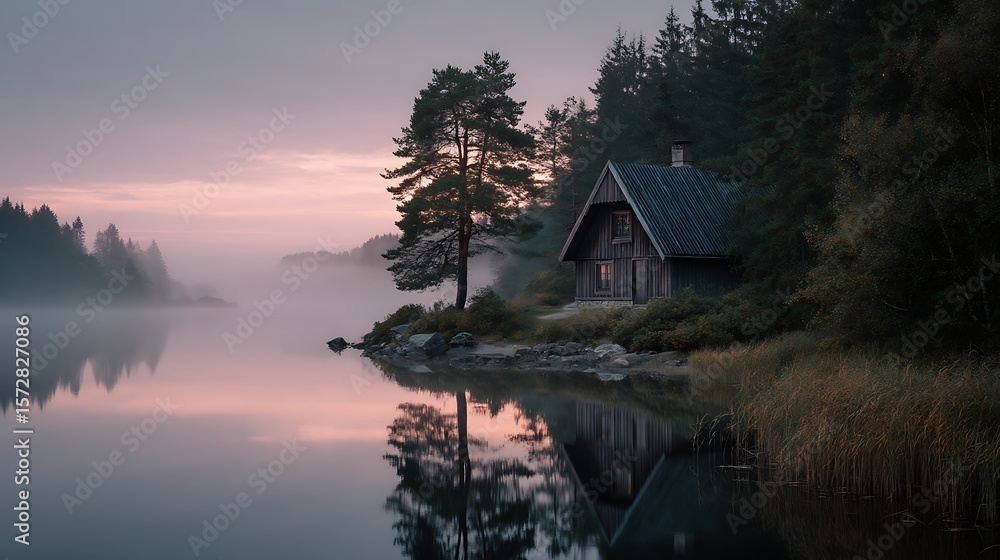 Obraz premium Cottage by lake at sunrise