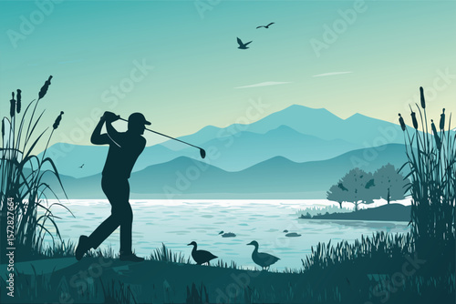 Vector detailed scene of a golfer swinging a club.