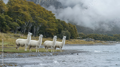 A group of llamas in a picturesque area with mountain scenery. Useful for tourist brochures, travel articles, ecotourism advertising.
