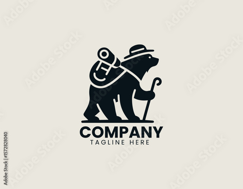 Happy Hiking Bear Backpacking Adventure Outdoor Exploration Vector Logo Design