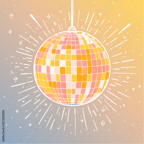 Contemporary minimalist line art illustration of disco ball. Hand drawn decorative element for party. Outline doodle drawing of 70s symbol. Vector graphic