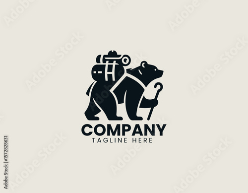 Happy Hiking Bear Backpacking Adventure Outdoor Exploration Vector Logo Design