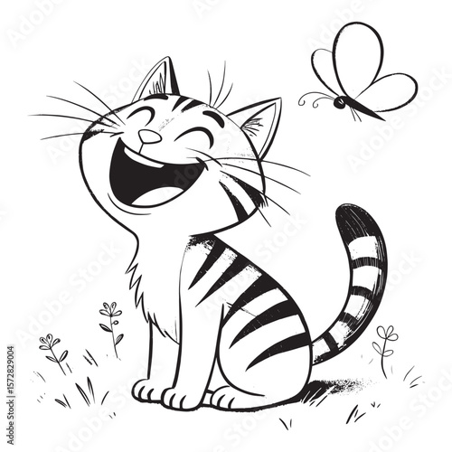 Cute cat vector illustration line art drawing black and white