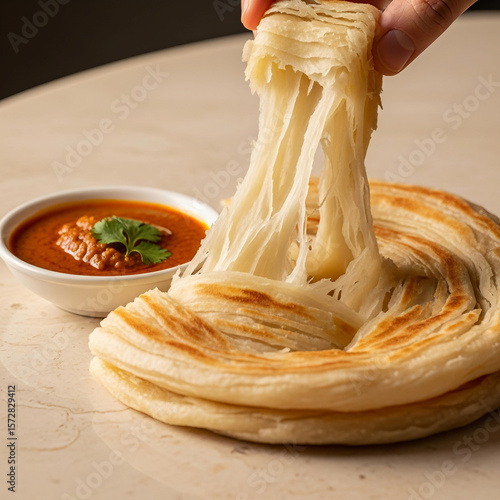 Flaky Malabar Parotta Layers – Pull-Apart Texture with Curry Dip (South Indian Stock Photo)