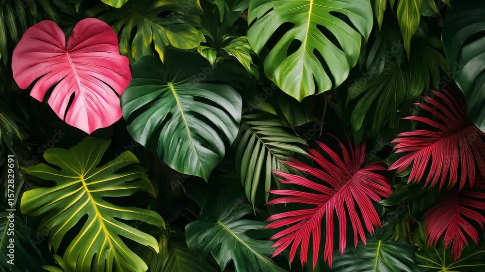 Lush tropical plants display an array of green, pink, and red leaves in a vibrant natural garden setting Lush tropical plants display an array of green, pink, and red leaves in a vibrant natural garden setting