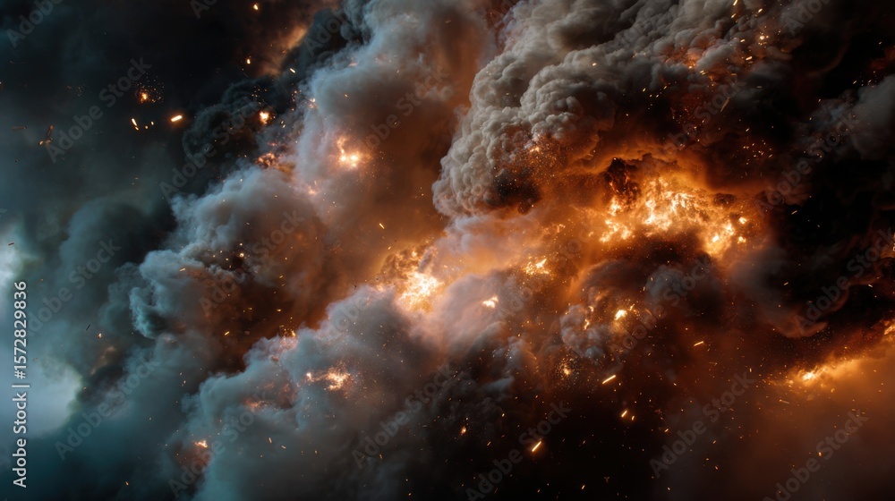 Naklejka premium Explosive fire eruption in urban area dramatic visuals cinematic environment aerial viewpoint chaos concept