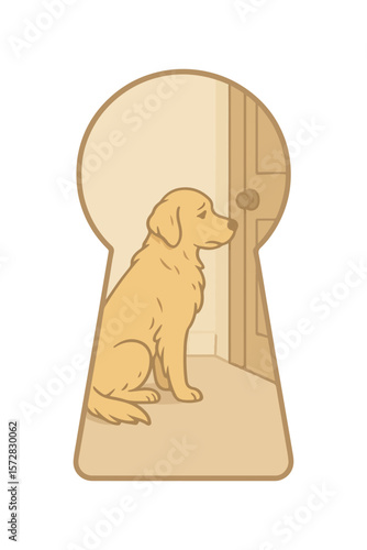 Golden retriever patiently waiting by the door through keyhole in home setting