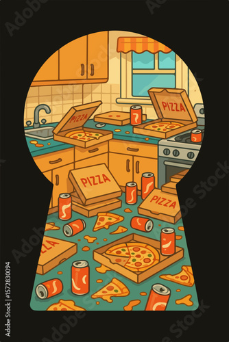 Messy kitchen filled with empty pizza boxes and soda cans after the fun through keyhole
