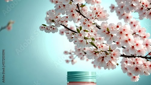 Jar with blossom branches on soft blue background beauty and wellness product display