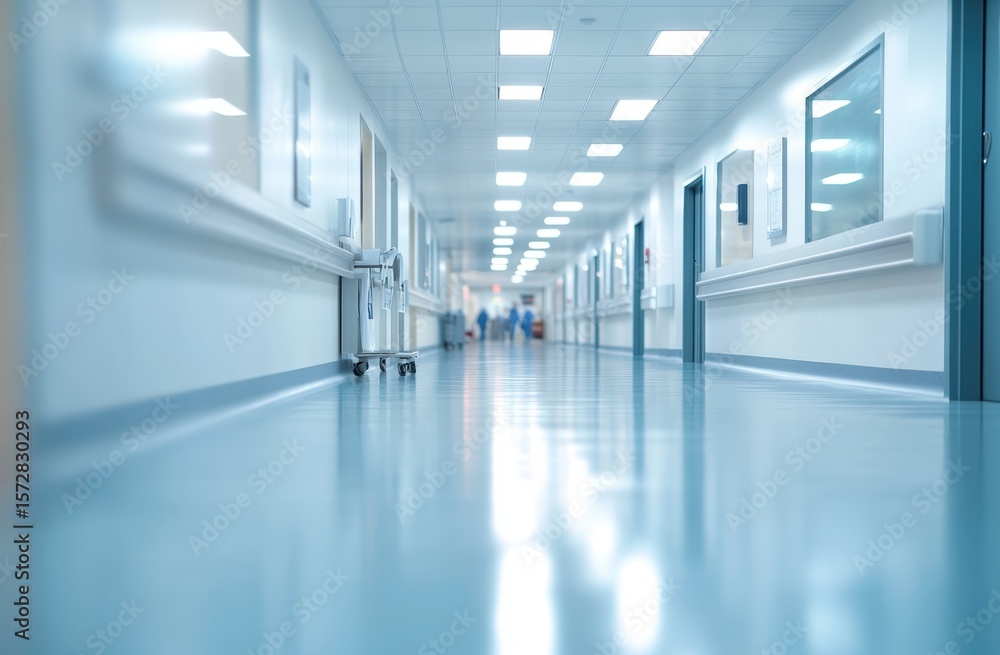 Fototapeta premium A Serene and Spacious Hospital Corridor Featuring Sleek Floors and Minimalist Décor, Ideal for Patient Navigation and Efficient Healthcare Delivery