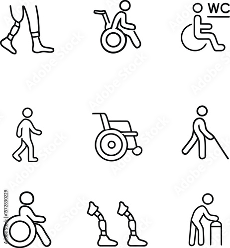 Disability & Accessibility Vector Icon Set: Mobility Aids & Impairment Symbols