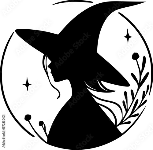 Minimal halloween art of a spooky witch with classic pointed hat in black and white doodle style for kids halloween fun