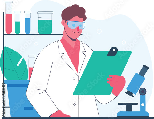 Scientist in lab coat working with microscope in clean workspace showing scientific curiosity and modern research