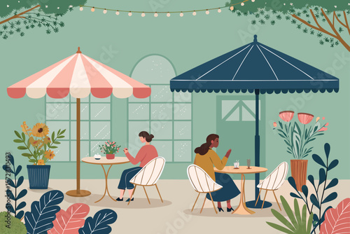 Vibrant vector illustration depicting an inviting outdoor cafe patio scene.