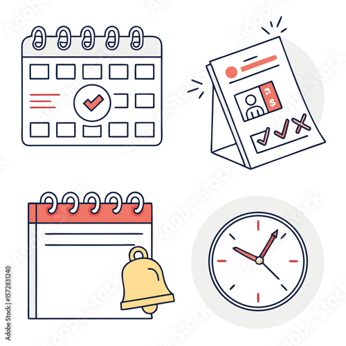 Illustration of calendar with checkmark, desk calendar with profile, bell calendar, and clock icons
