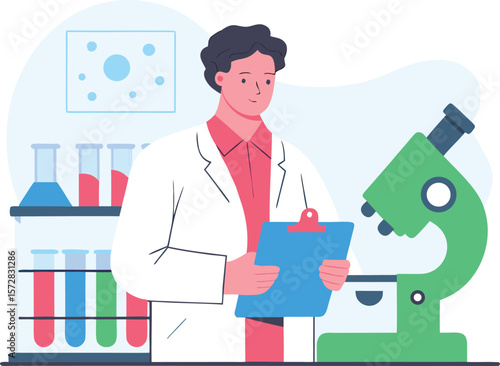 Confident researcher in white coat analyzing data in clean lab with microscope and scientific display