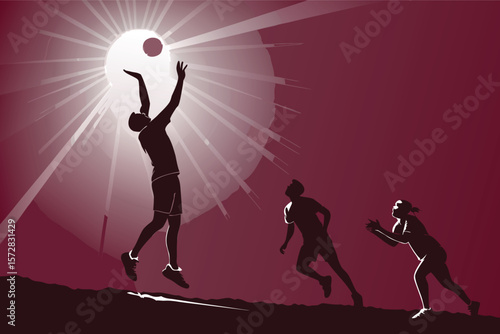 Dramatic backlight on a dynamic volleyball play.