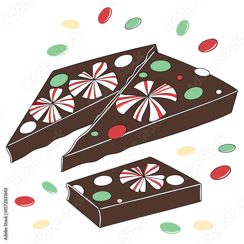 Illustration of three pieces of chocolate peppermint bark with colorful candy decorations scattered around them