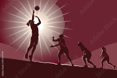 Dramatic backlight vector art of an intense volleyball match.