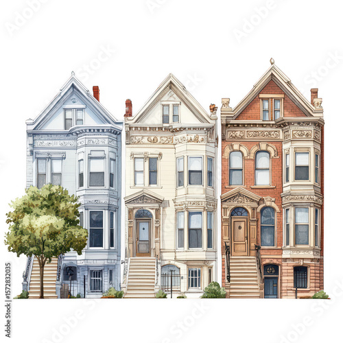 Row of victorian style townhouses with detailed facades and a tree isolated on transparent background