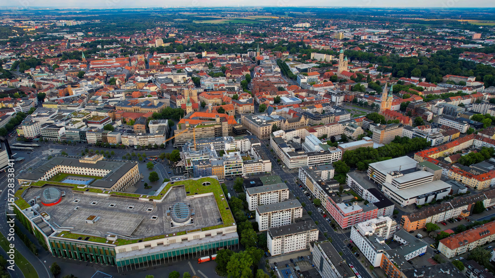 Fototapeta premium Aerial view around the old town in the city Braunschweig on an sunny spring morning in Germany