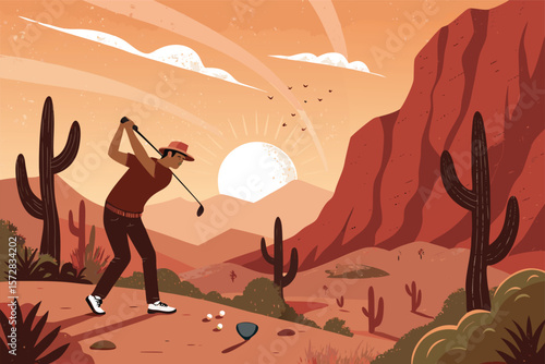 Vector dry canyon golf scene with rocks and cacti.