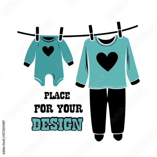 Minimalist Sleepwear Silhouette Logo – Pajamas and Baby Onesie on Clothesline with Heart Design