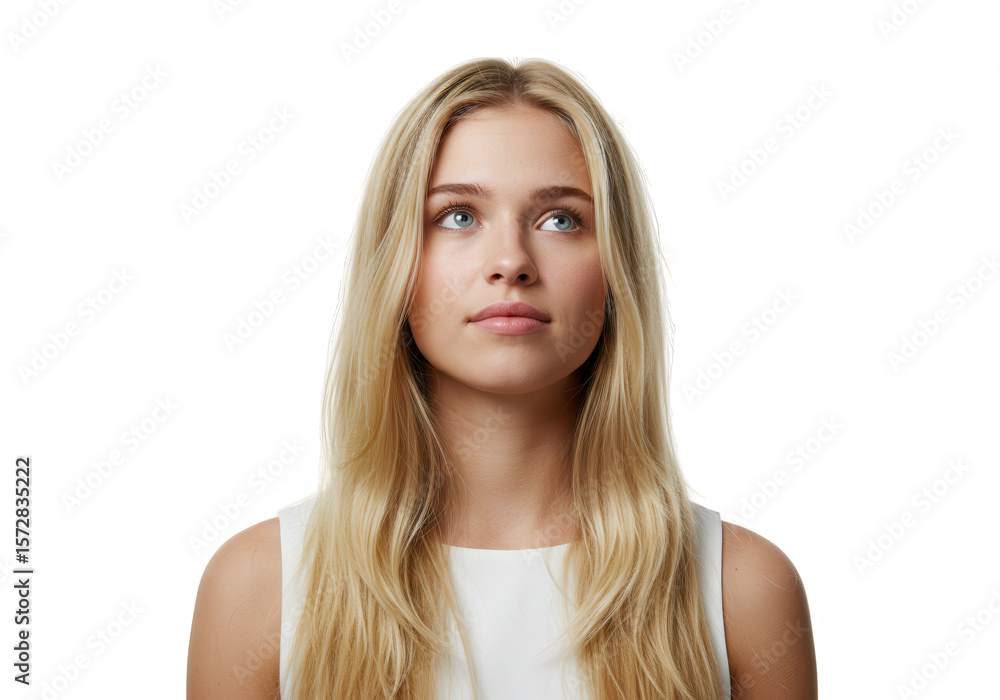 A beautiful blonde woman is looking up with a thoughtful expression against a transparent background A beautiful blonde woman is looking up with a thoughtful expression against a transparent background