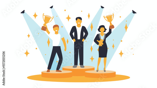 Three people standing on a podium holding trophies under spotlights and surrounded by stars shining bright