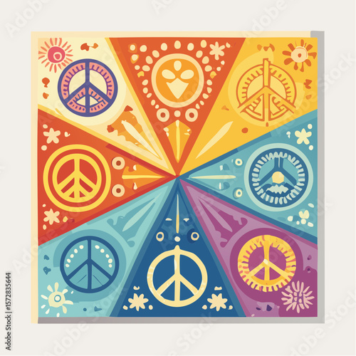 Set of colorful groovy posters in 70s and 60s hippy art style. Abstrcat peace gesture and positive phrases illustrations for prints and cards. Vintage nostalgia vector postcards