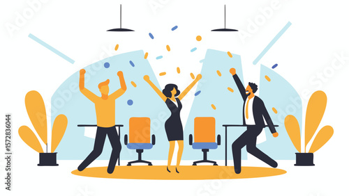 Three office workers celebrating with confetti falling in a modern office environment with plants and desks