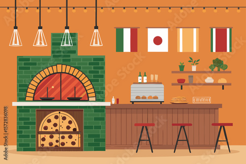 Vibrant vector illustration of an Italian pizzeria interior featuring a traditional pizza oven.
