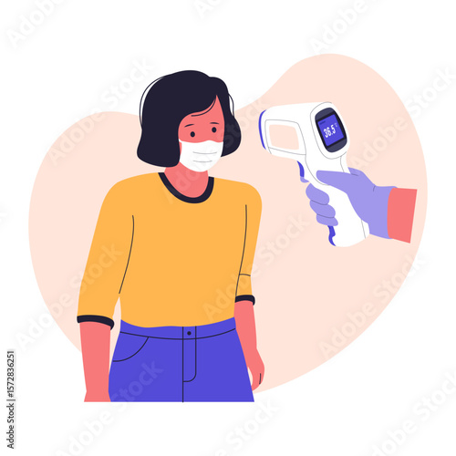 Temperature Check with Infrared Thermometer. Woman Wearing Mask Illustration. Illustrations for websites, landing pages, mobile apps, posters and banners
