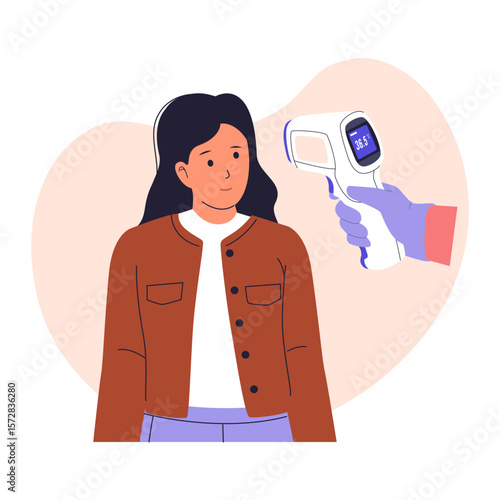 Temperature Check with Infrared Thermometer. Woman Getting Scanned Illustration. Illustrations for websites, landing pages, mobile apps, posters and banners