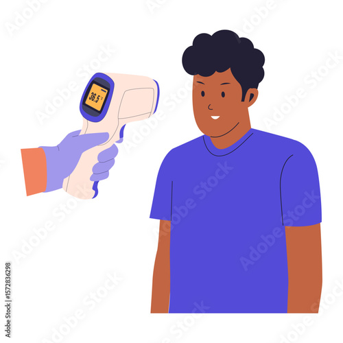 Temperature Check with Digital Thermometer. Man Getting Scanned Illustration. Illustrations for websites, landing pages, mobile apps, posters and banners