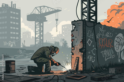 Vector illustration of a dystopian welding scene with a ruined machine.