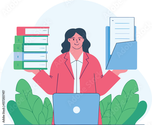 Smiling female character multitasking at laptop while holding books and speech bubble icons showing productivity